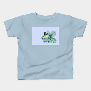 Tropical Marbled Paper Parrot with Jungle Leaves-Blue Kids T-Shirt